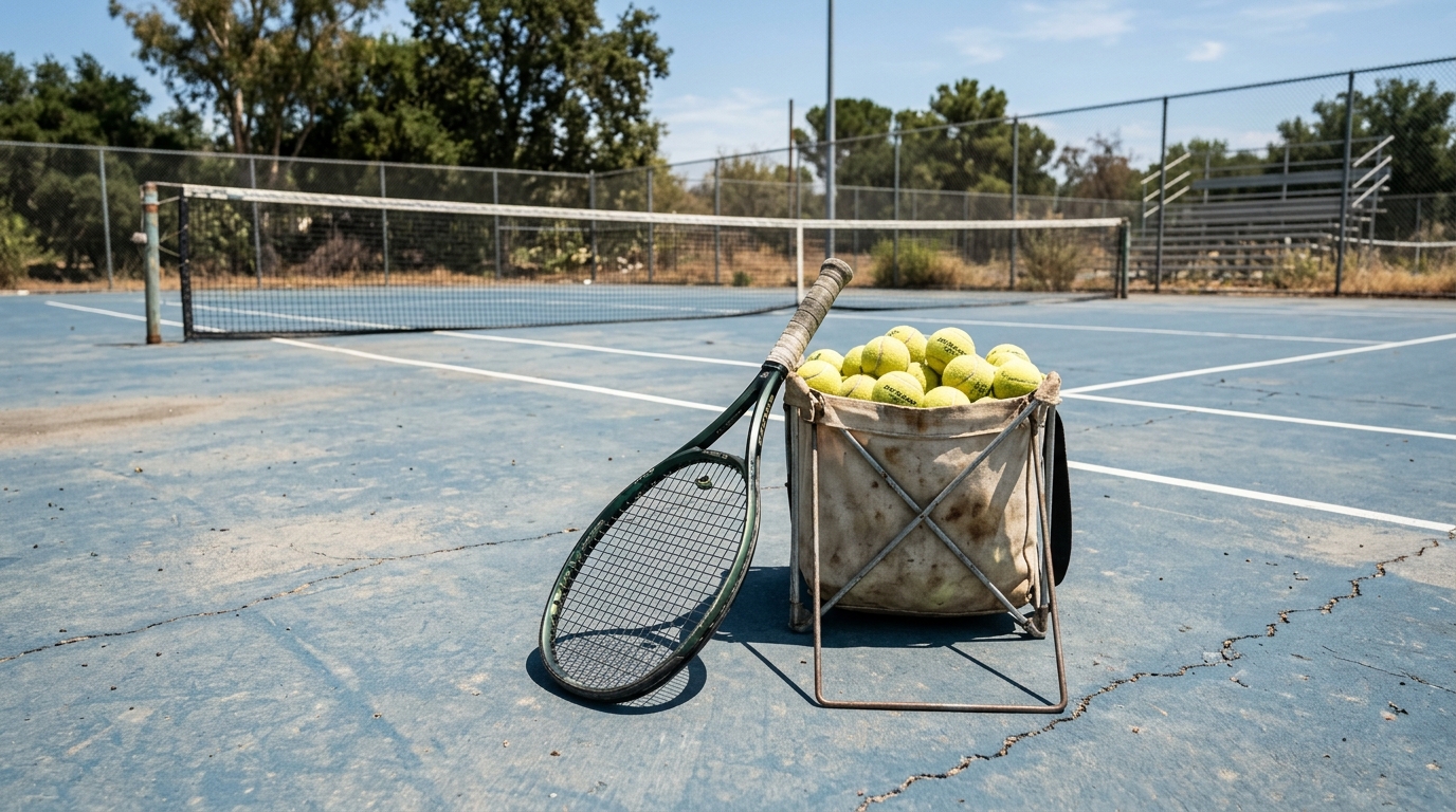 A tennis racket and ball hopper on a worn outdoor hard court.